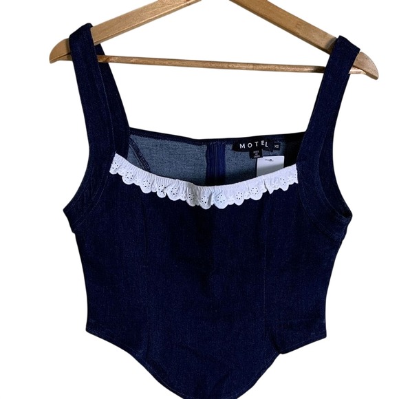 Motel Tops - Motel Corset Crop Top Womens XS Blue Denim Eyelet Lace Trim Urban Outfitters